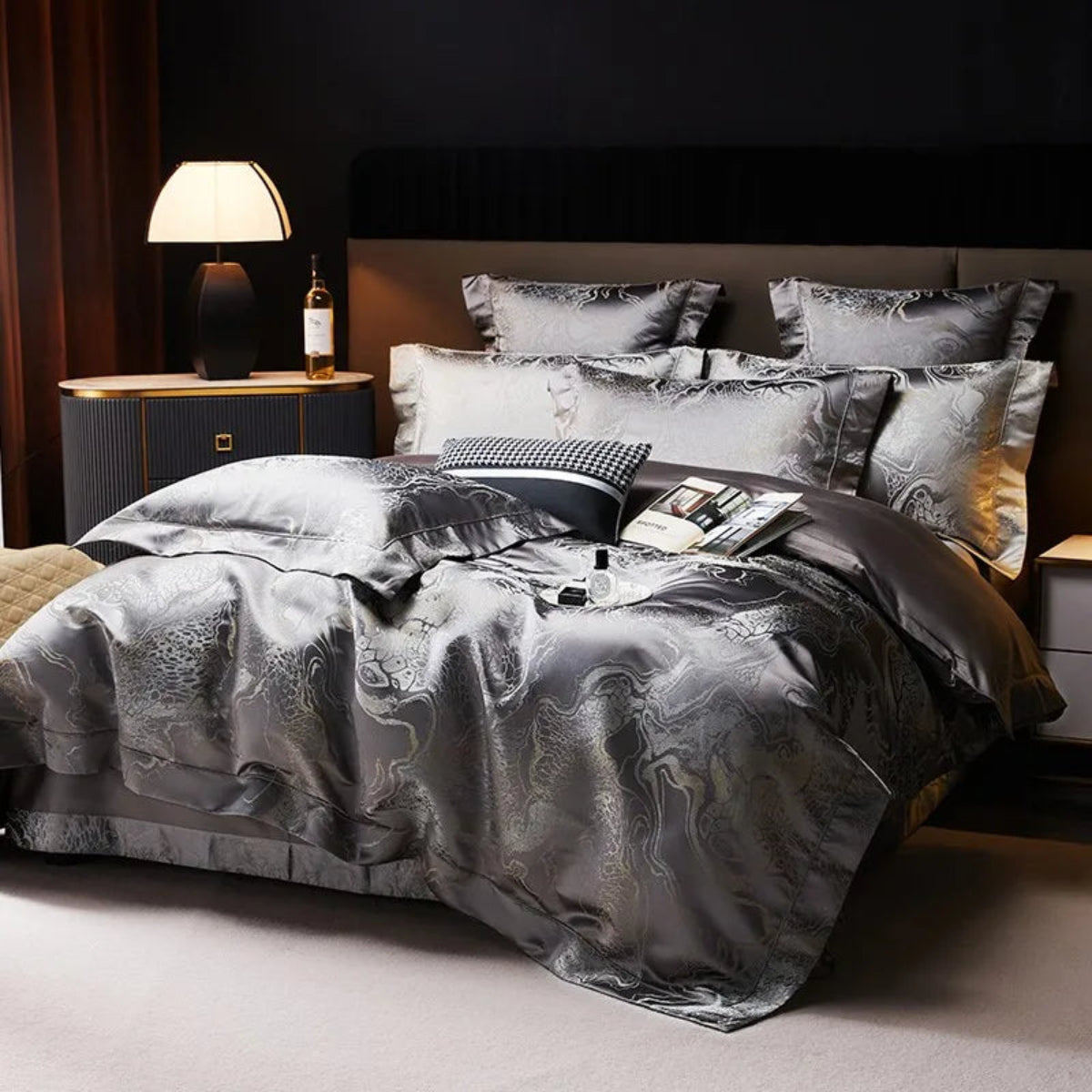 Deep grey jacquard bedding set with Oriental dragon motifs and platinum metallic threading for luxury bedding