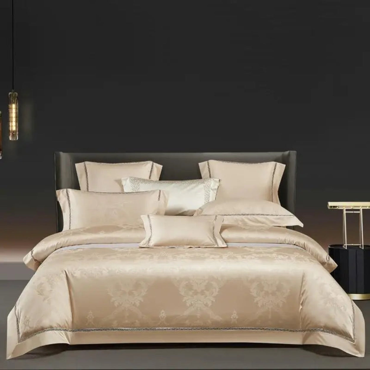 Luminas Gold luxury bedding featuring couture golden damask motifs in contemporary bedroom