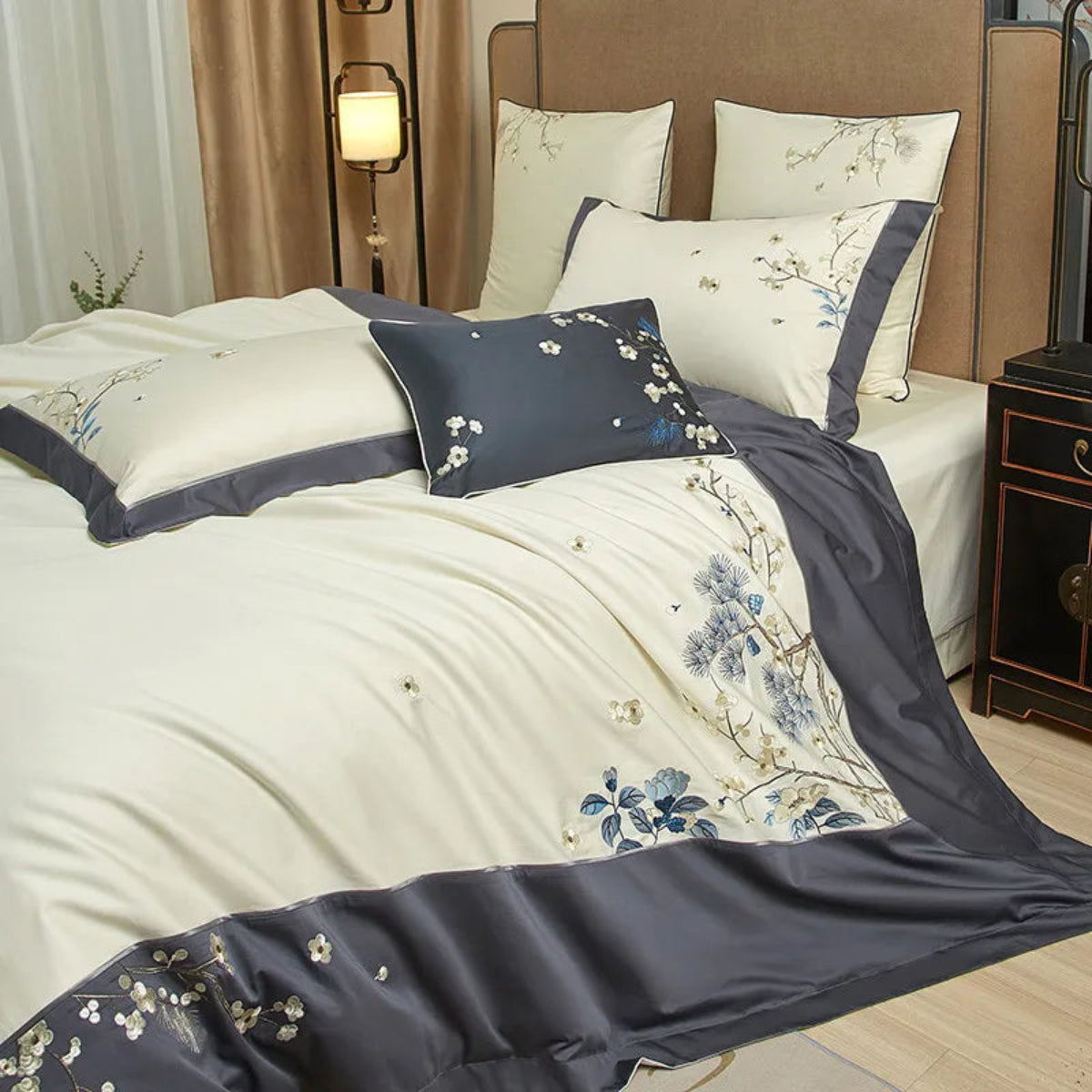 Egyptian cotton grey and ivory floral embroidered duvet cover set for timeless luxury interiors