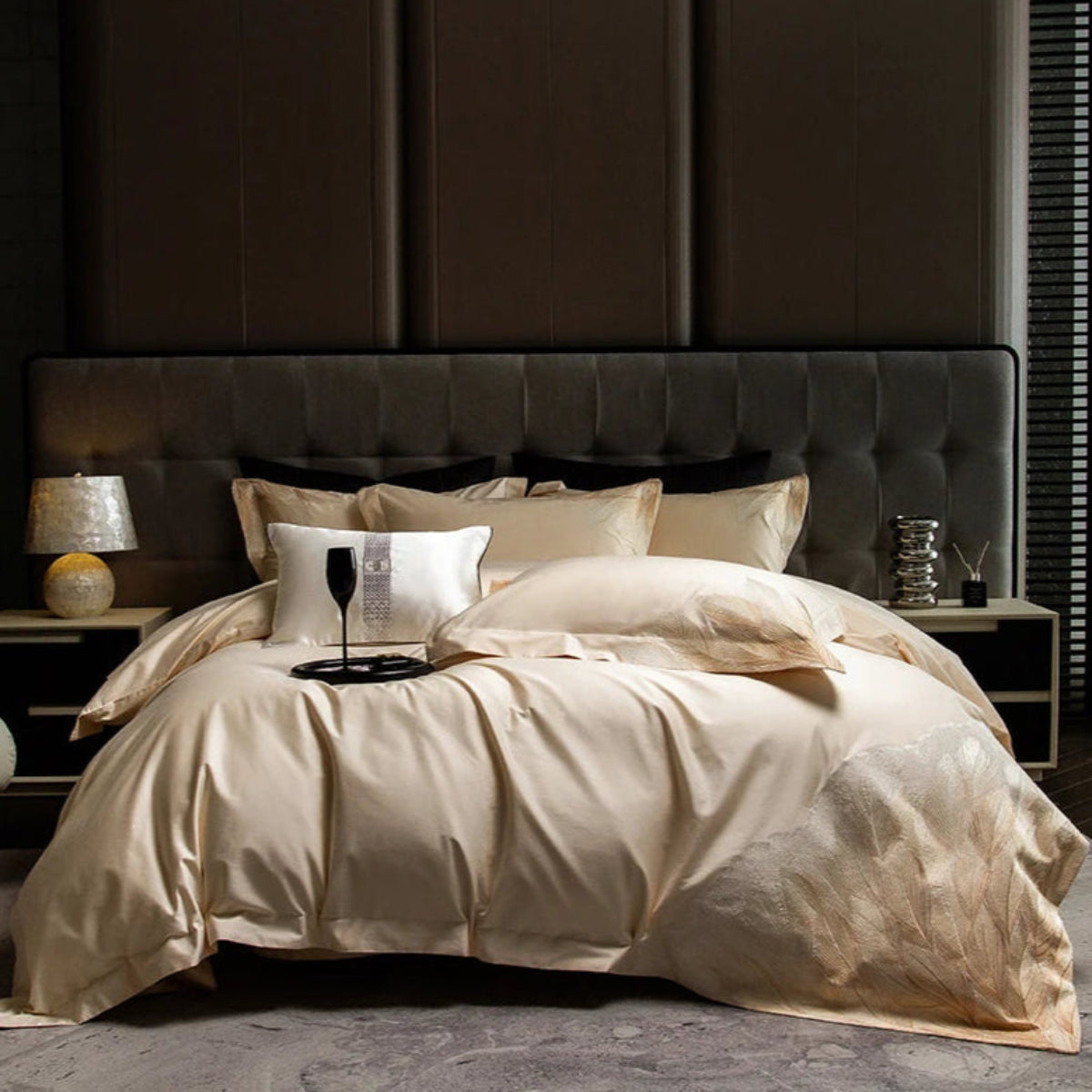 Gold feather embroidery bedding, champagne beige Egyptian cotton, luxury duvet cover set for quiet luxury bedroom – LINKORI Feathergold