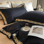 Modern bedroom styled with black & gold bedding, leaf embroidered Egyptian cotton duvet cover set – LINKORI Blacklabel