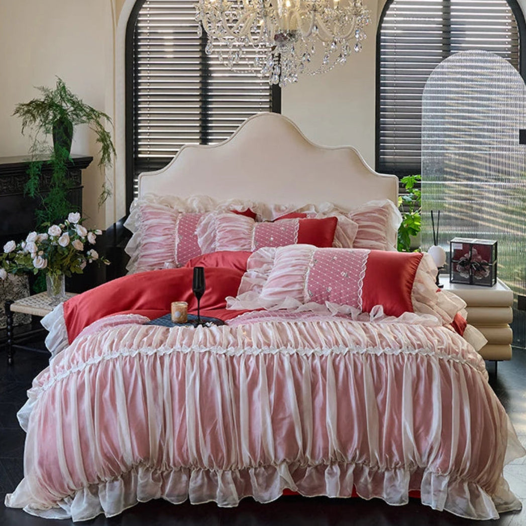 Red & white ruffle-lace bedding | diamond-quilted duvet cover | floral lace | 100% cotton twill 1000TC | full 4-piece set with bed skirt & 2 pillowcases | vintage bedroom décor | LINKORI Rubylace Red