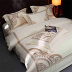 Egyptian cotton luxury duvet cover set ivory gold geometric embroidery 4-piece hotel style