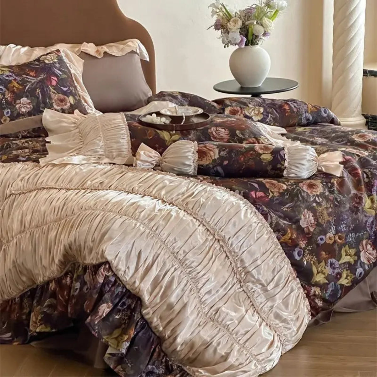 French cottagecore bedroom full set, beige shimmer lace ruffles with floral duvet cover in Egyptian cotton – LINKORI Roselace