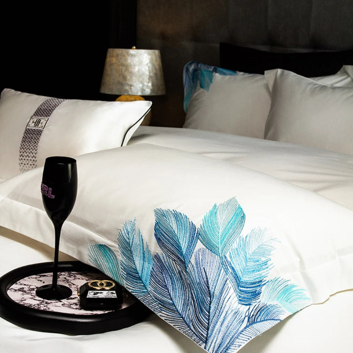 Modern bedroom with white cotton bedding, blue feather embroidered duvet cover set 4-piece – LINKORI Featherblue