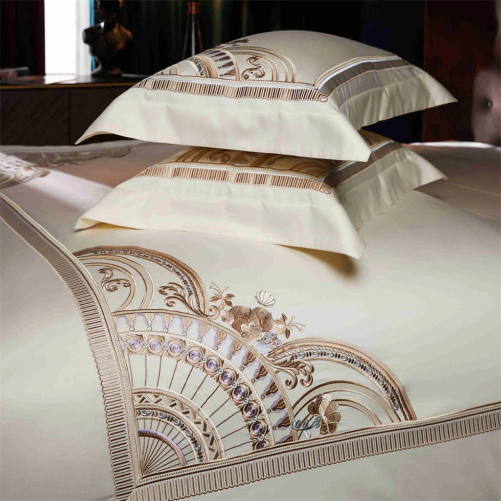 Designer ivory gold geometric duvet cover set luxury embroidered cotton duvet cover hotel grade