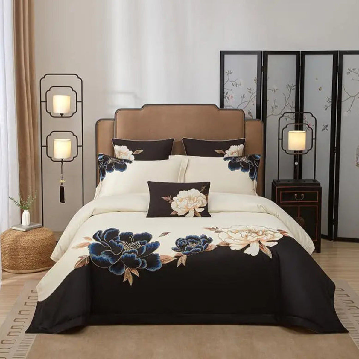 Luxury black & ivory Egyptian cotton bedding with blue & gold floral embroidery, 4-piece duvet cover set for modern elegant bedrooms – LINKORI Luxeflower