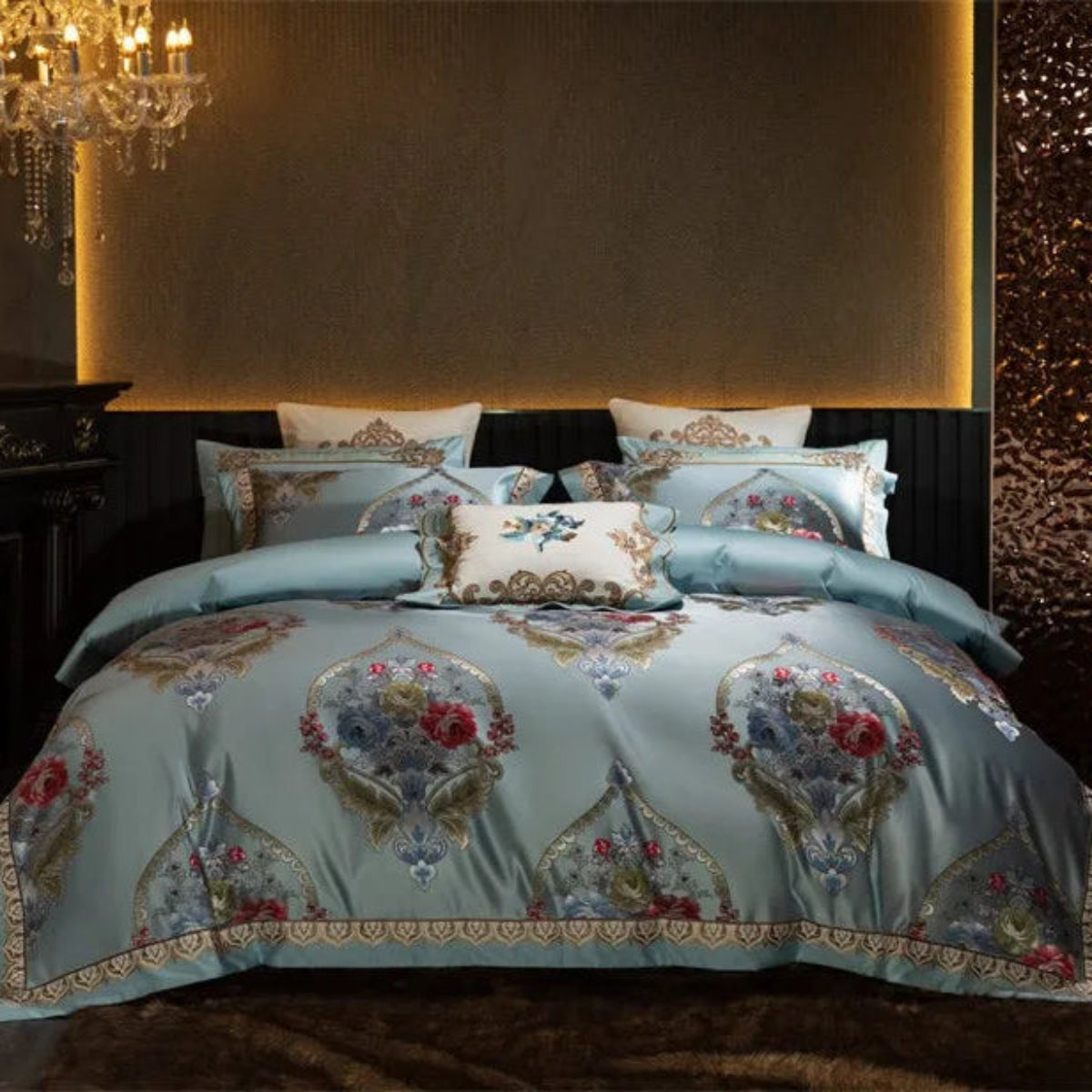 Aqua blue baroque floral medallion duvet cover set in satin jacquard, Egyptian cotton
