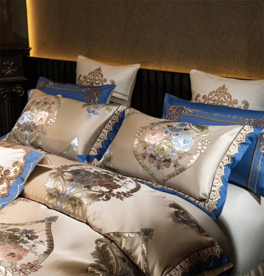 Elegant gold baroque medallion quilted bedspread Egyptian cotton satin duvet cover set