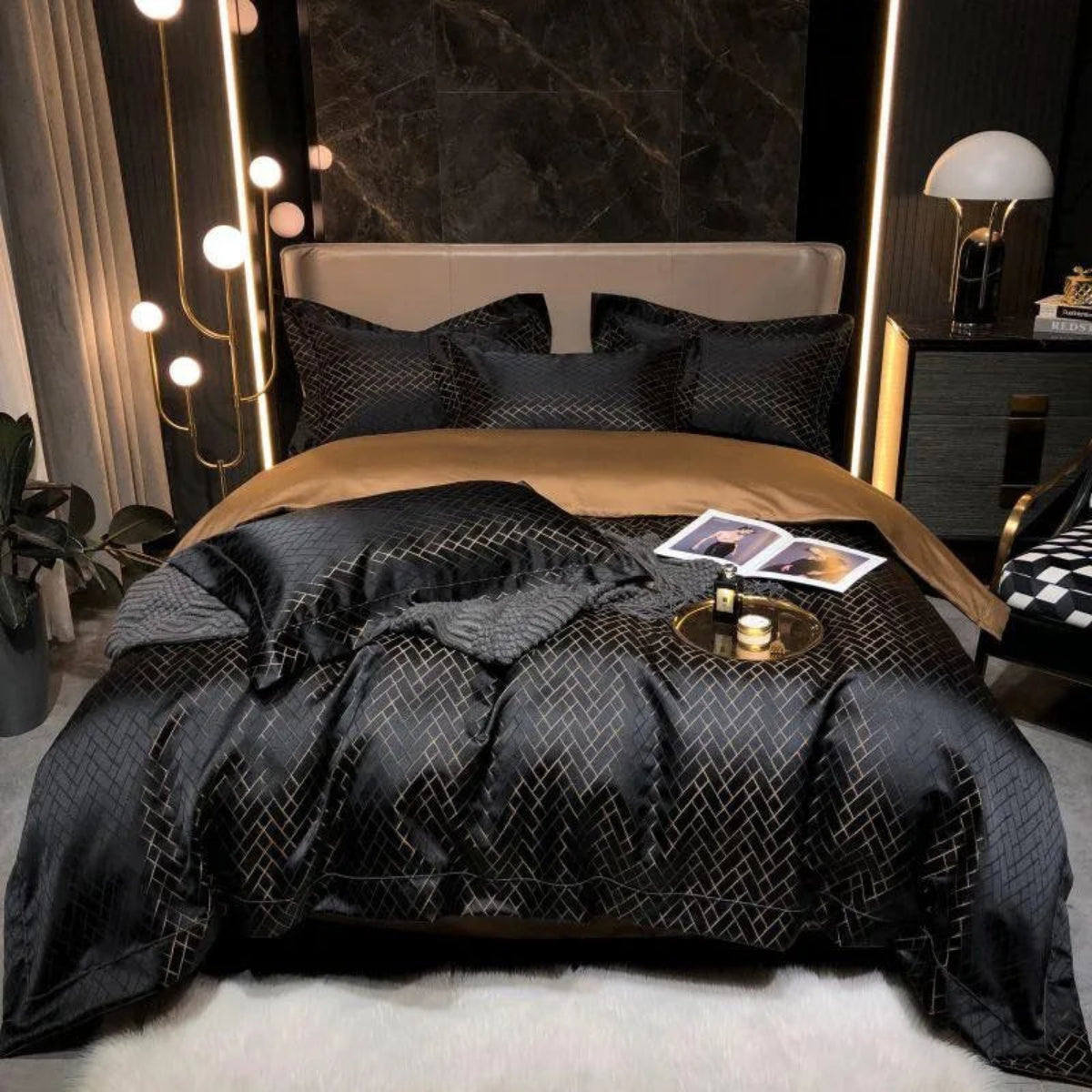 Luxury black geometric duvet cover set Egyptian cotton 4 piece bedding modern bedroom decor LINKORI