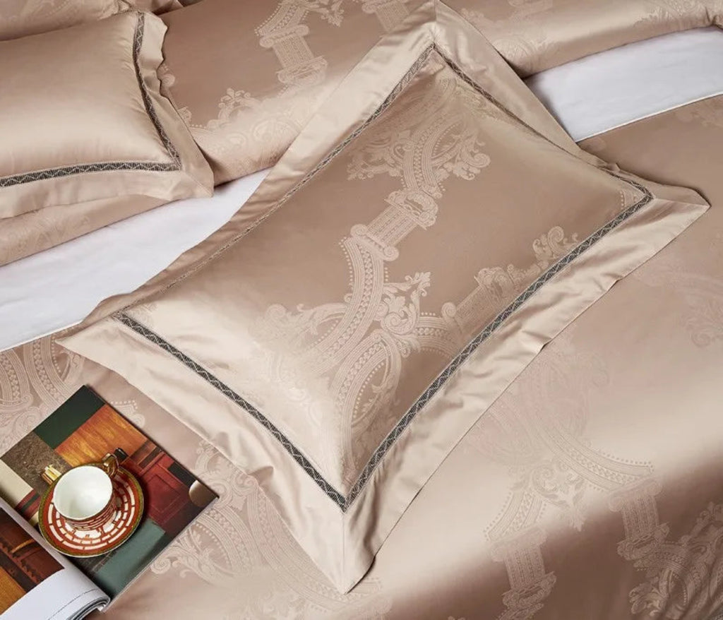Couture-quality champagne beige bedding set with 1200TC Egyptian cotton satin and architectural damask design