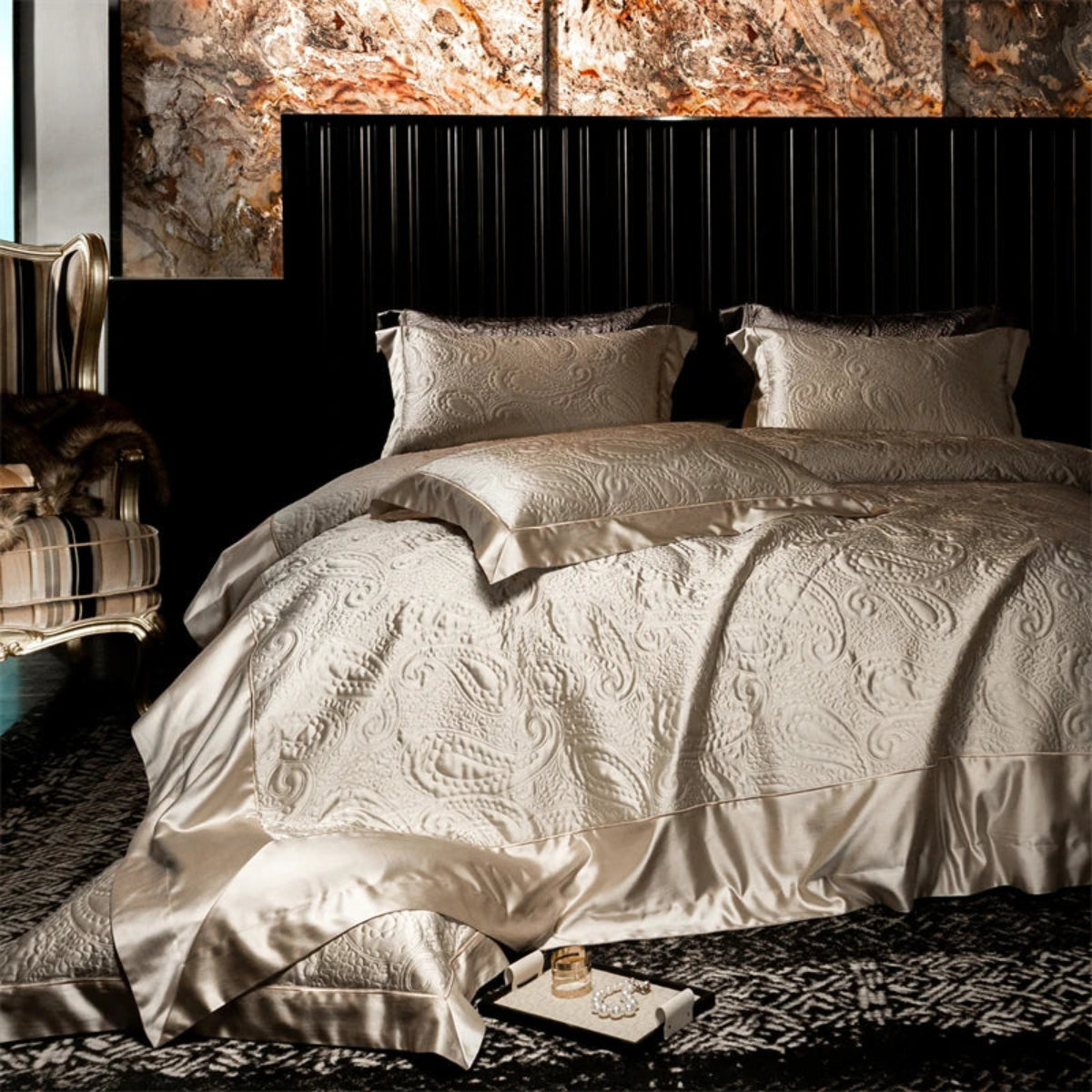 Champagne beige paisley embossed bedding set in satin and cotton – modern luxury décor
