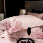 Blush pink feather bedding, gradient embroidery on luxury Egyptian cotton duvet cover 4-piece set in romantic bedroom – LINKORI Featherpink