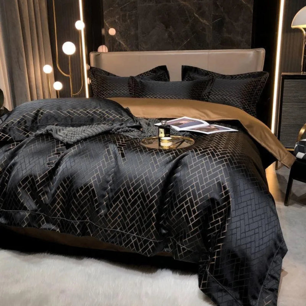 Luxury black satin geometric duvet cover Egyptian cotton 4-piece quilted bedding set premium