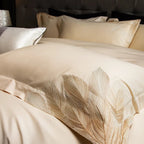 Luxury champagne beige bedding with gold feather embroidery, timeless elegant retreat style duvet cover 4-piece set – LINKORI Feathergold