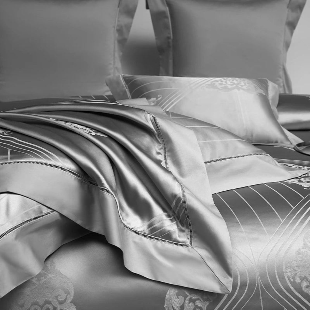 High-quality 1000TC cotton satin bedding with intricate Art Deco geometric patterns and decorative borders