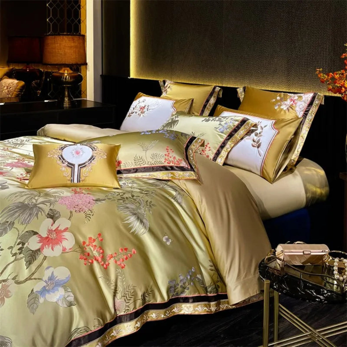 Hotel-polished gold satin duvet cover set with breathable Egyptian cotton reverse, bedside styling, LINKORI