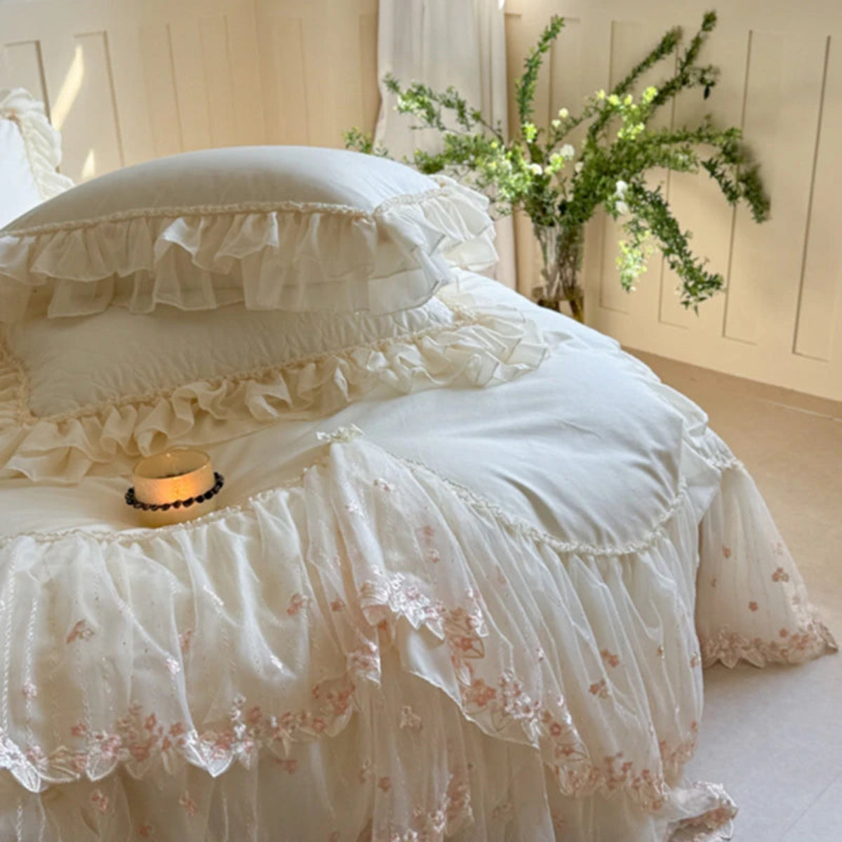 Lace and pillow close-up, pleated ruffles, scalloped edging — 100% cotton 600TC — cottagecore bedroom