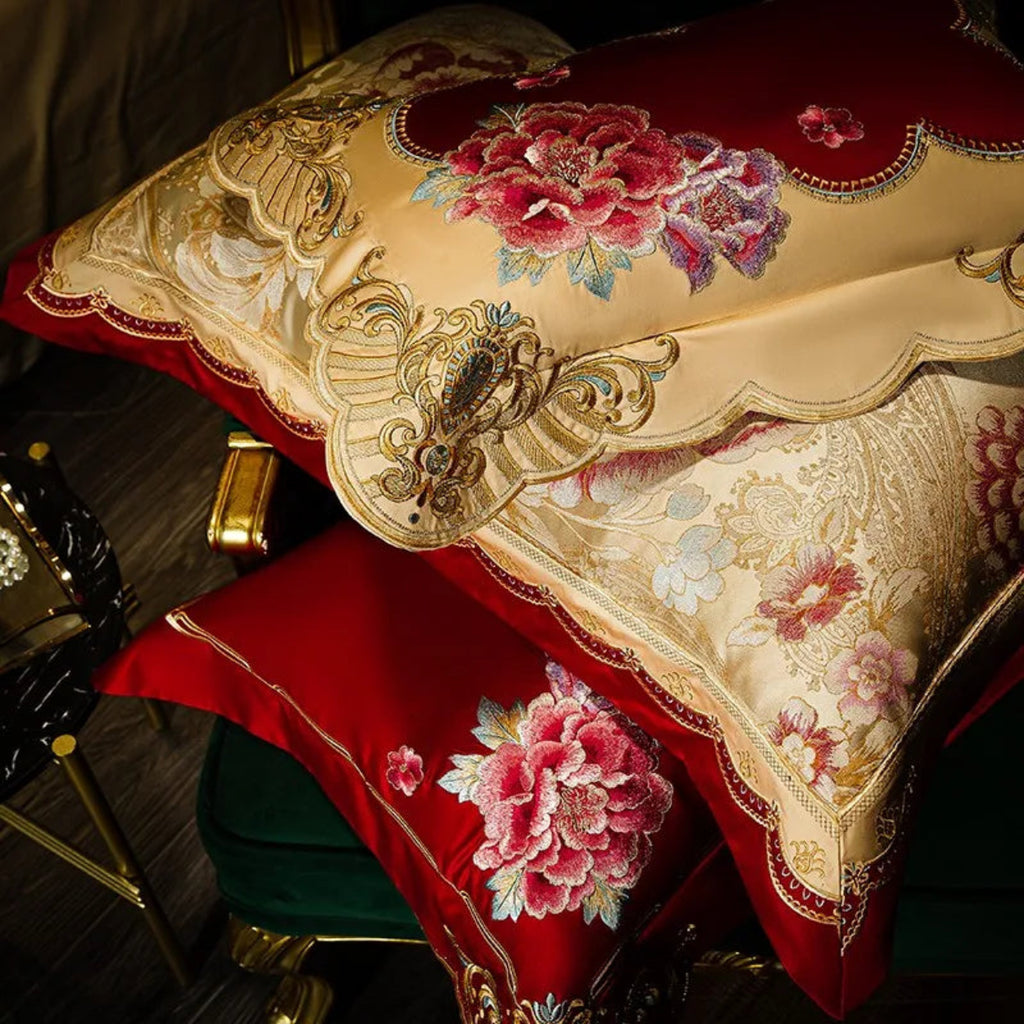 Ivory floral duvet set styled for boutique hotel bedroom and romantic luxury interiors