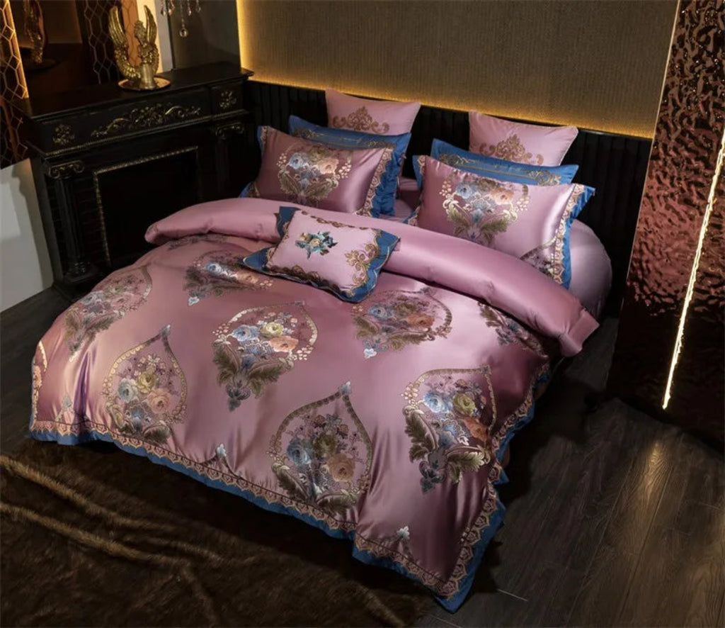Elegant pink baroque medallion quilted bedspread Egyptian cotton satin duvet cover set