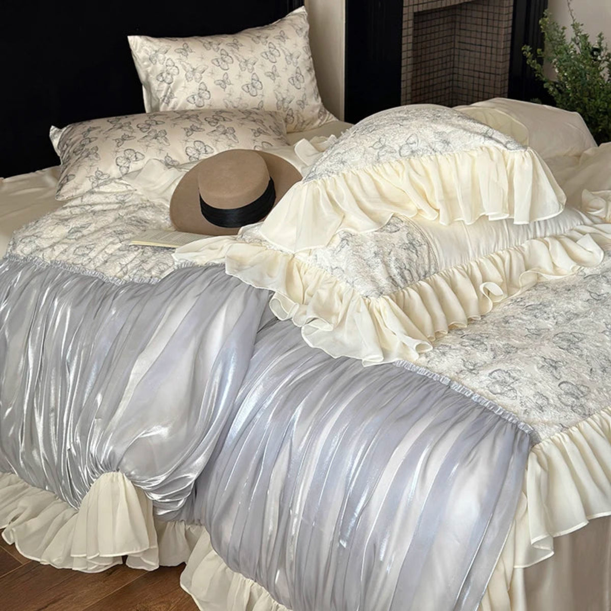 blue & grey shimmer lace with matte lace ruffles, butterfly detail, Egyptian cotton bedding in elegant bedroom – LINKORI Bluxelace