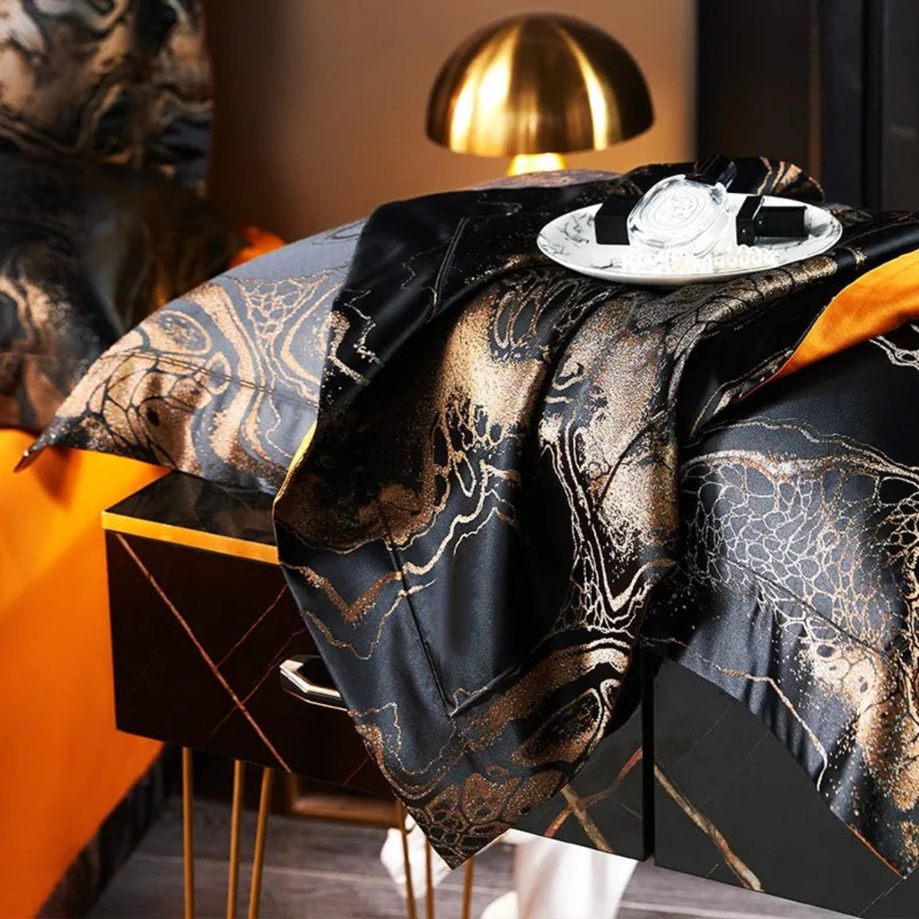 Premium black jacquard satin bedding copper metallic threads in modern luxury bedroom