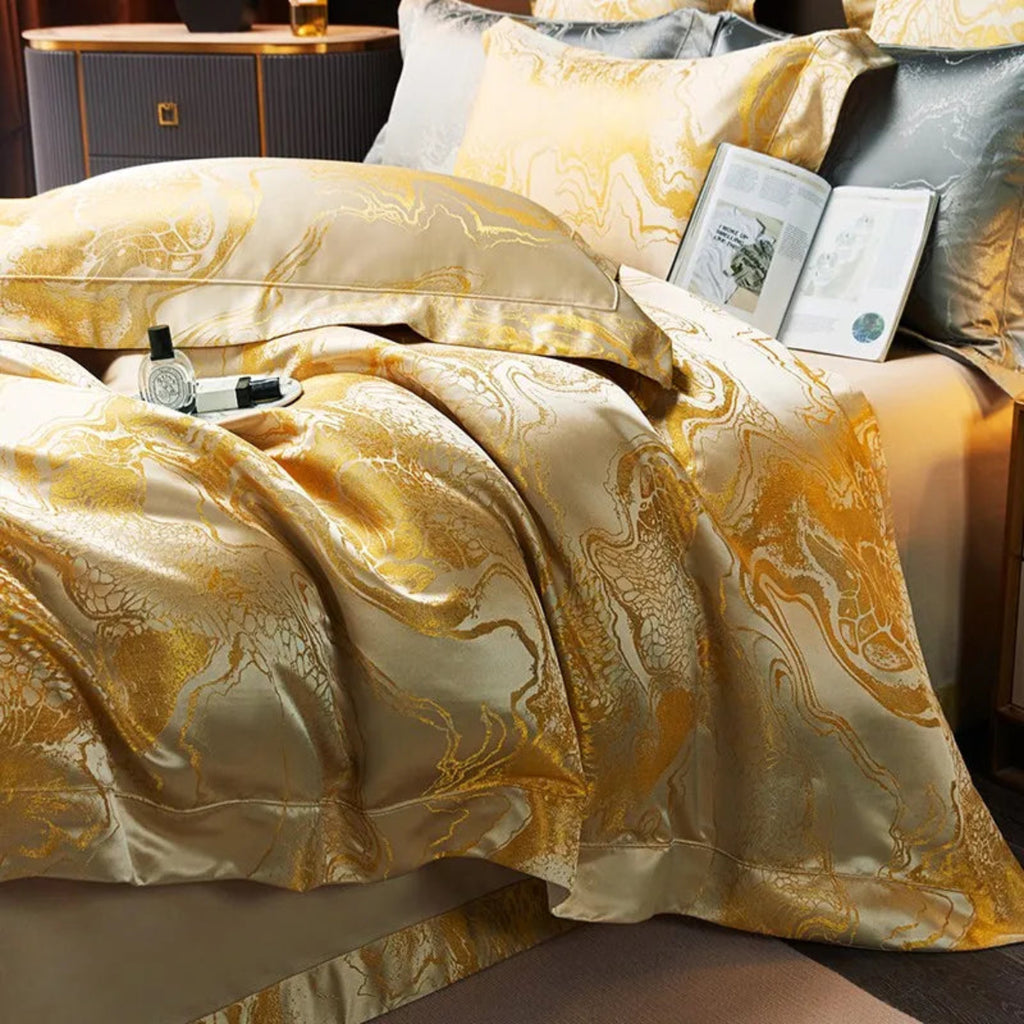 Premium Chinese dragon duvet cover in golden yellow with decorative pillows