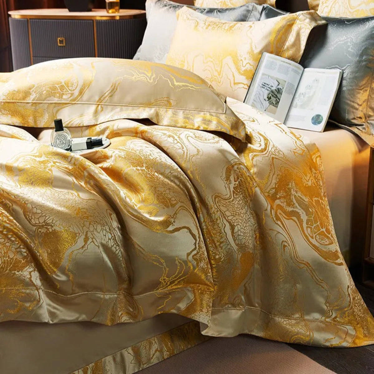 Premium Chinese dragon duvet cover in golden yellow with decorative pillows
