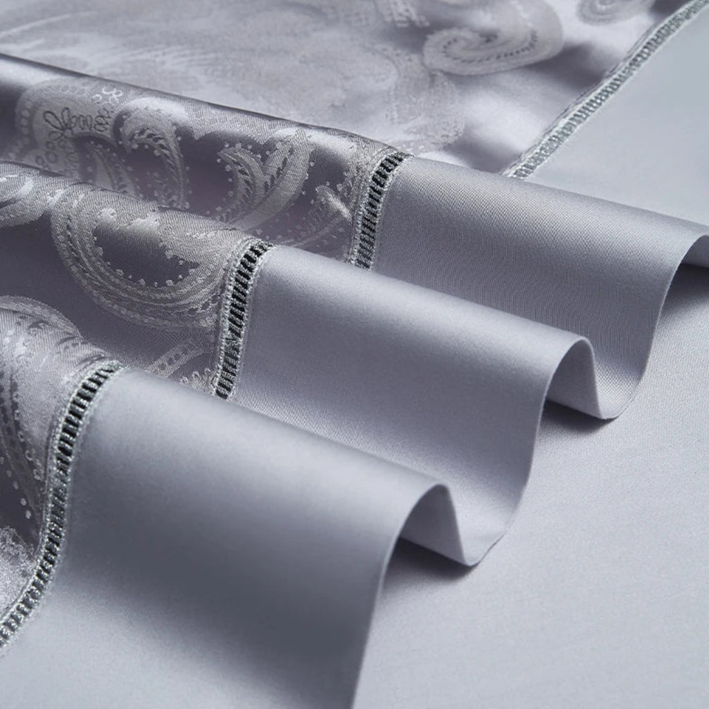 Elegant damask jacquard duvet cover in lavender grey cotton satin with European palace-inspired design