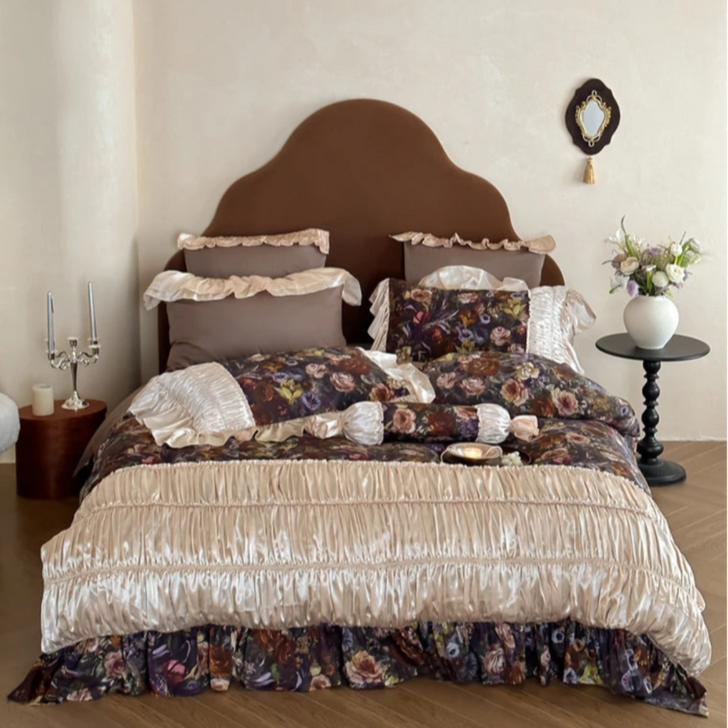 Beige bedroom full set with floral and shimmer ruffled lace duvet cover, luxury Egyptian cotton bedding – LINKORI Roselace