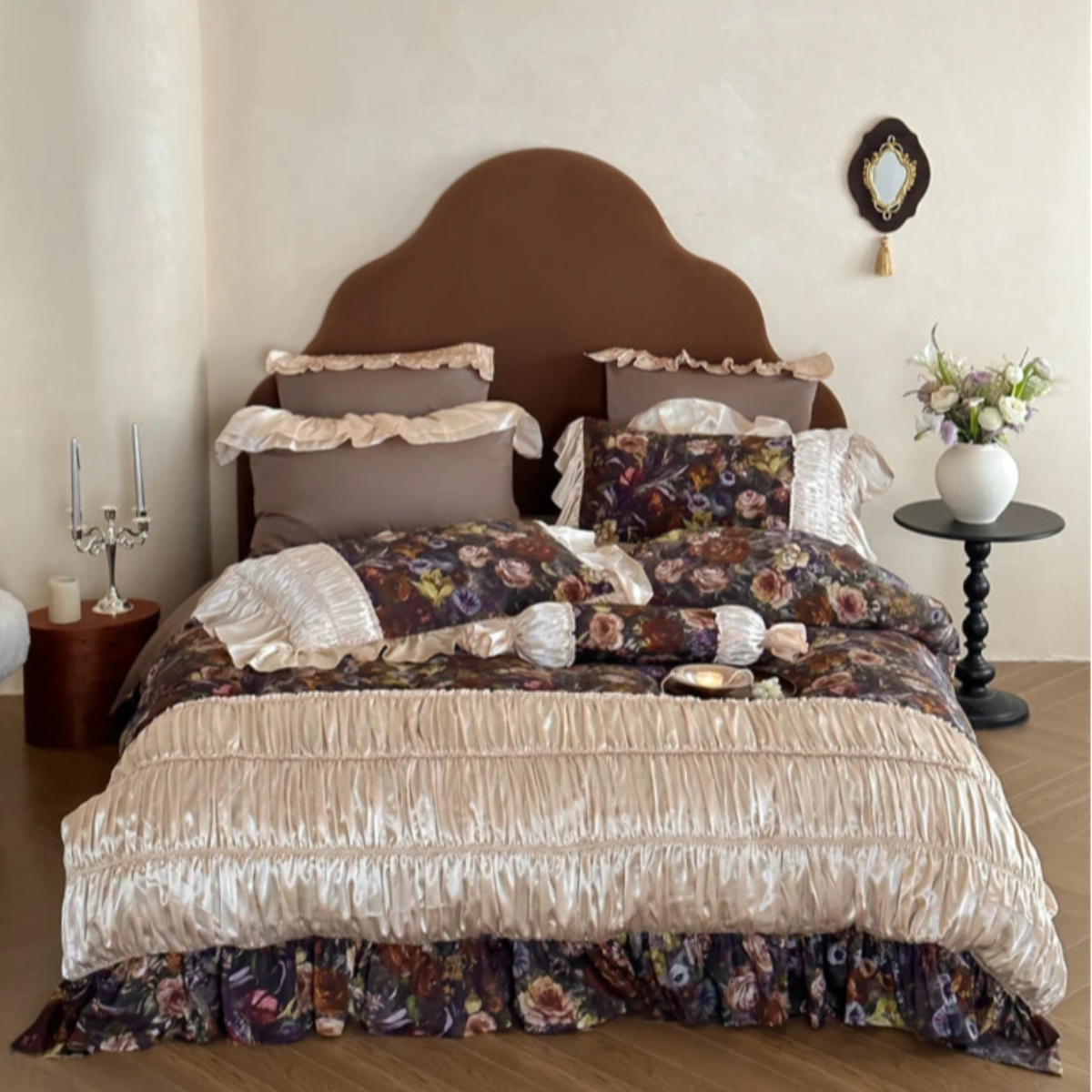 Beige bedroom full set with floral and shimmer ruffled lace duvet cover, luxury Egyptian cotton bedding – LINKORI Roselace