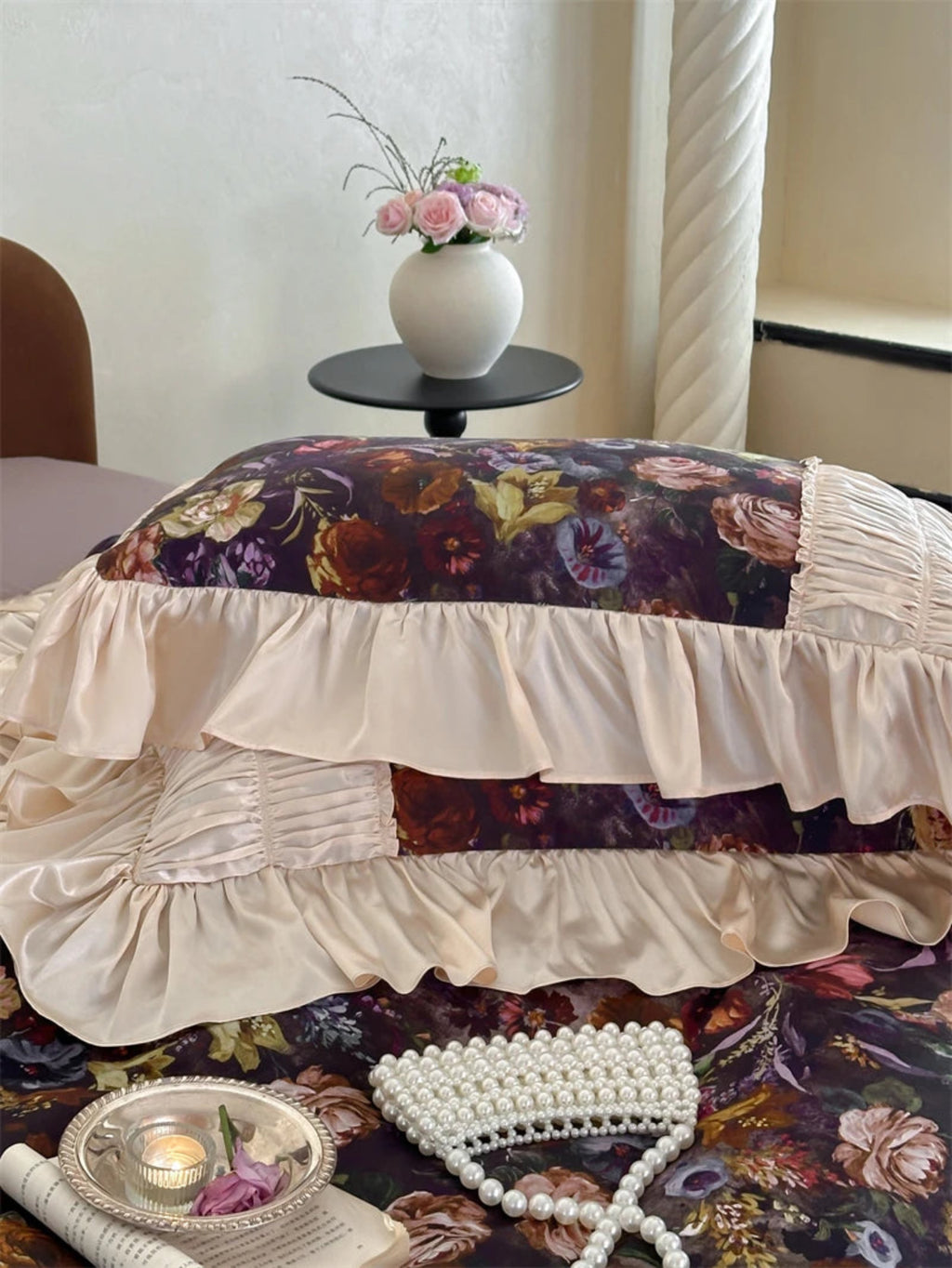 Beige shimmer ruffled lace detail on luxury floral duvet cover, cottagecore romantic bedding – LINKORI Roselace
