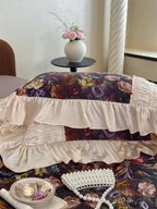 Beige shimmer ruffled lace detail on luxury floral duvet cover, cottagecore romantic bedding – LINKORI Roselace