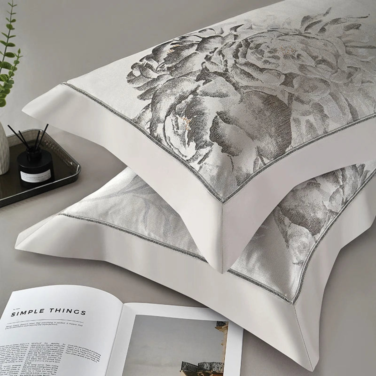 Luxury silver grey bedding with jacquard floral design on satin and Egyptian cotton for elegant master bedrooms