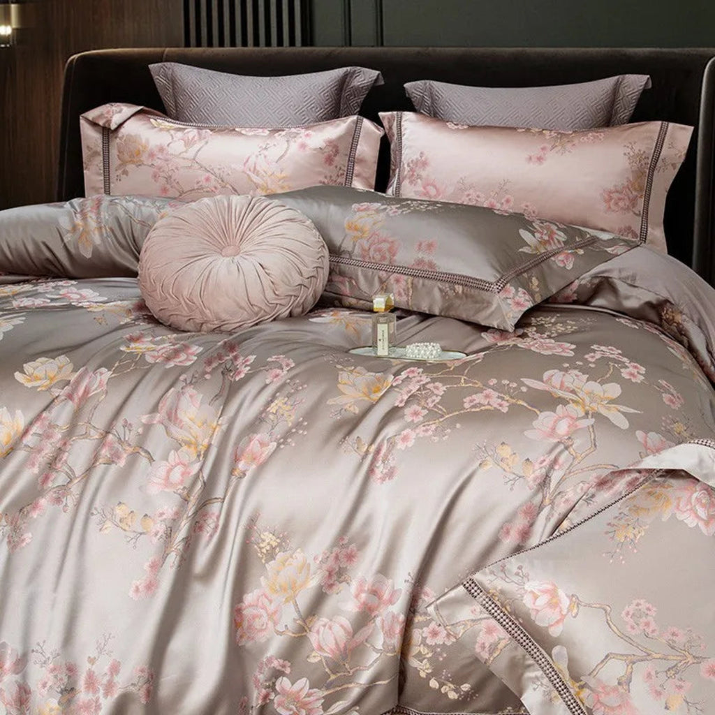 Designer mauve satin duvet cover set featuring delicate floral jacquard Egyptian cotton luxury
