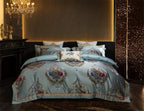 Teal satin jacquard bedding with baroque floral medallions and antique gold scrolls