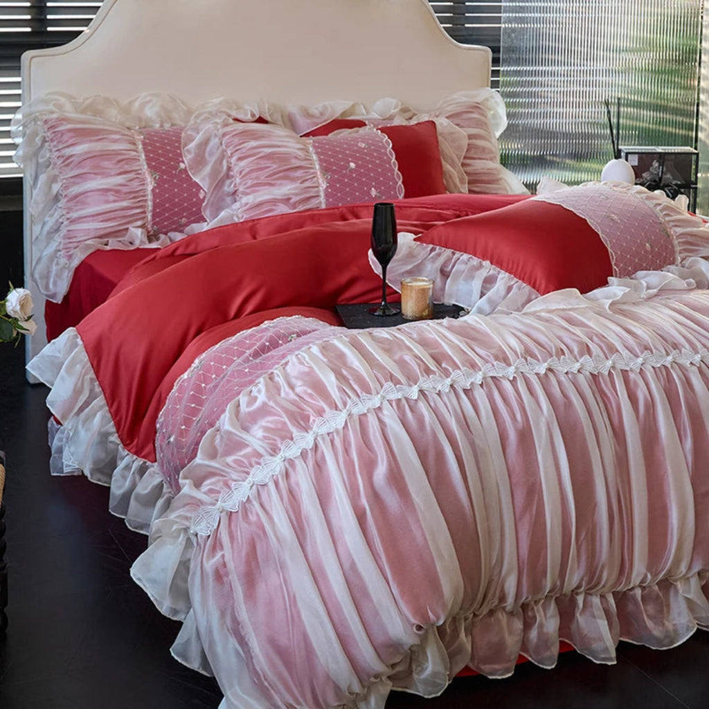 Red & white princess ruffle-lace bedding close-up | diamond quilting + floral lace | pleated ruffles | 4-piece duvet cover set with bed skirt | romantic/coquette bedroom | LINKORI Rubylace Red