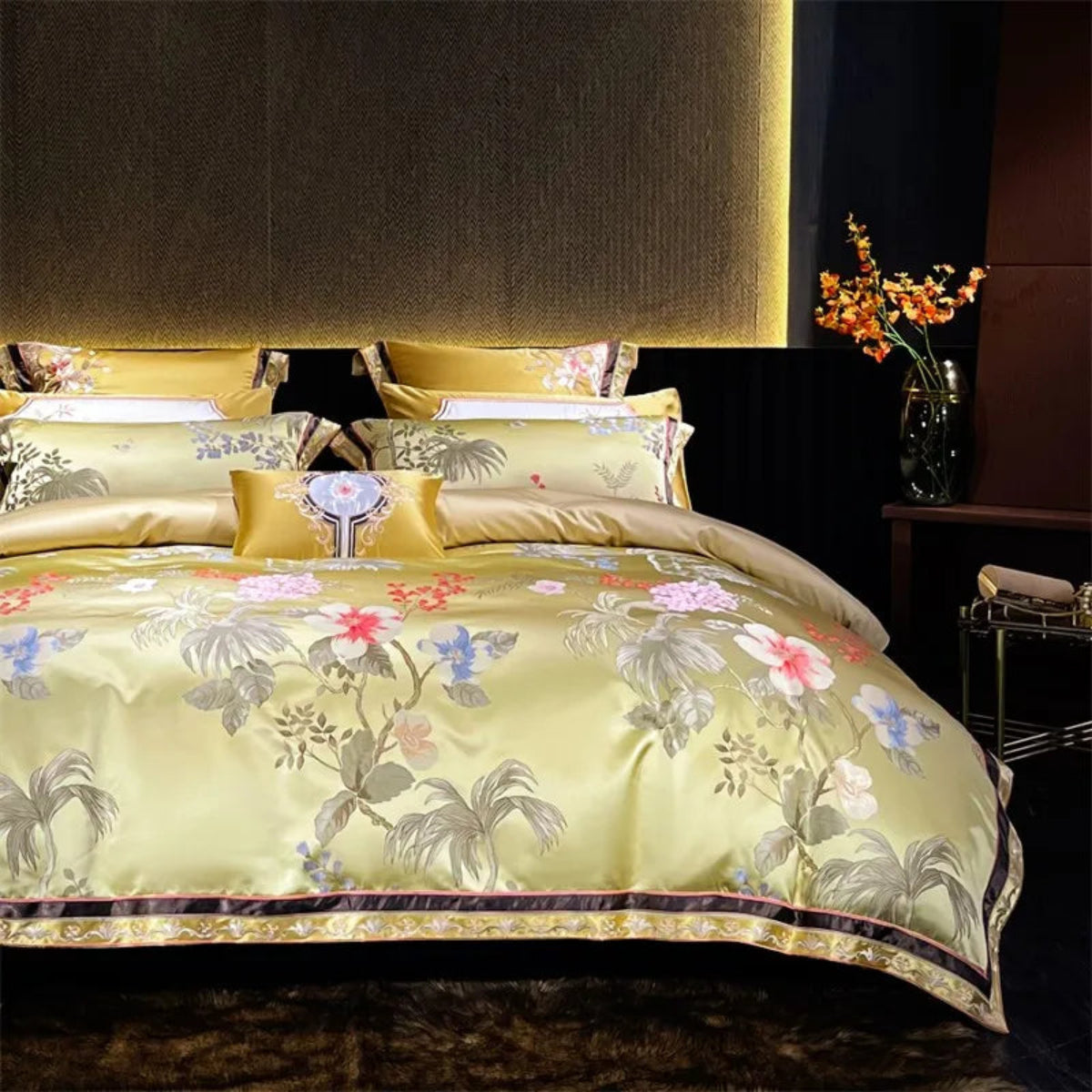 Luxury gold floral jacquard bedding styled in modern-glam master suite, full room view, LINKORI