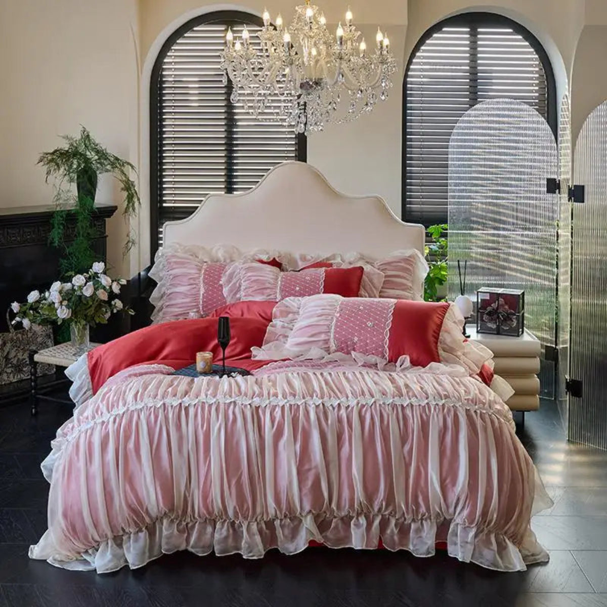 Luxury red & white ruffle-lace bedding | diamond-quilted duvet cover | floral lace trims | 4-piece set with bed skirt & 2 pillowcases | luxury bedroom styling | LINKORI Rubylace Red