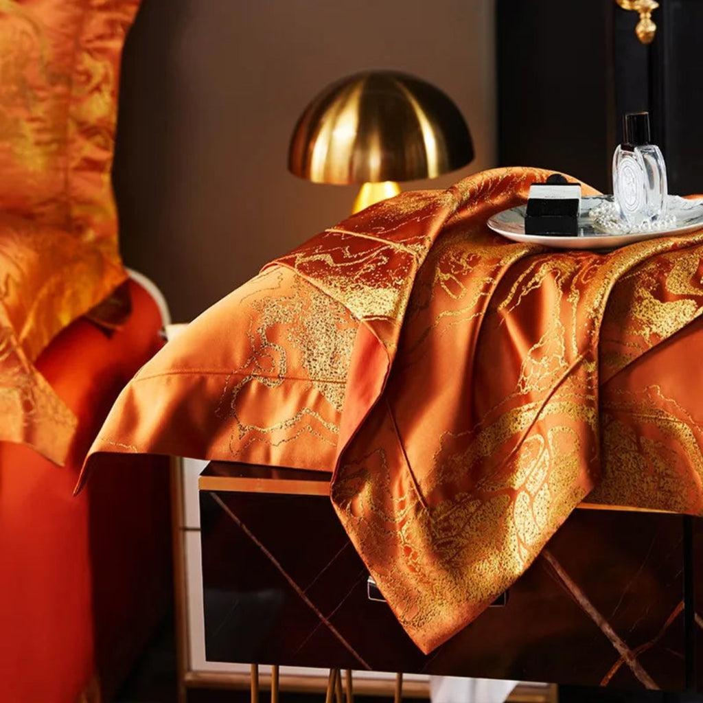 Burnt orange pillowcase pair, satin finish and jacquard motif, classic bedroom — LINKORI The Royal Orange