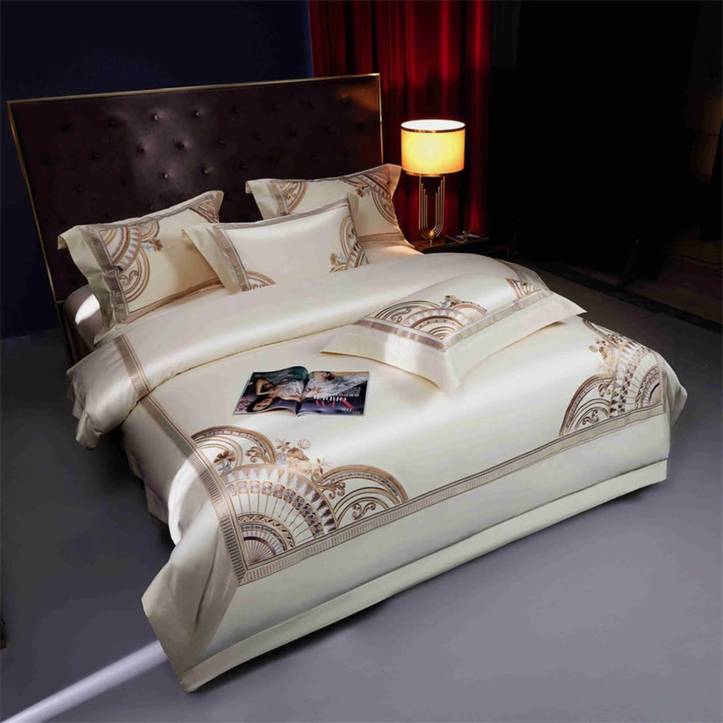 Luxury ivory duvet cover with gold embroidered fan arch motifs hotel style bedroom