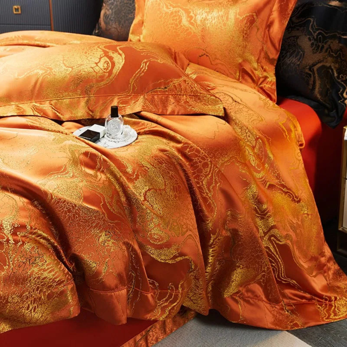 Burnt orange satin bedding, 1000TC Egyptian cotton reverse in modern bedroom — LINKORI The Royal Orange