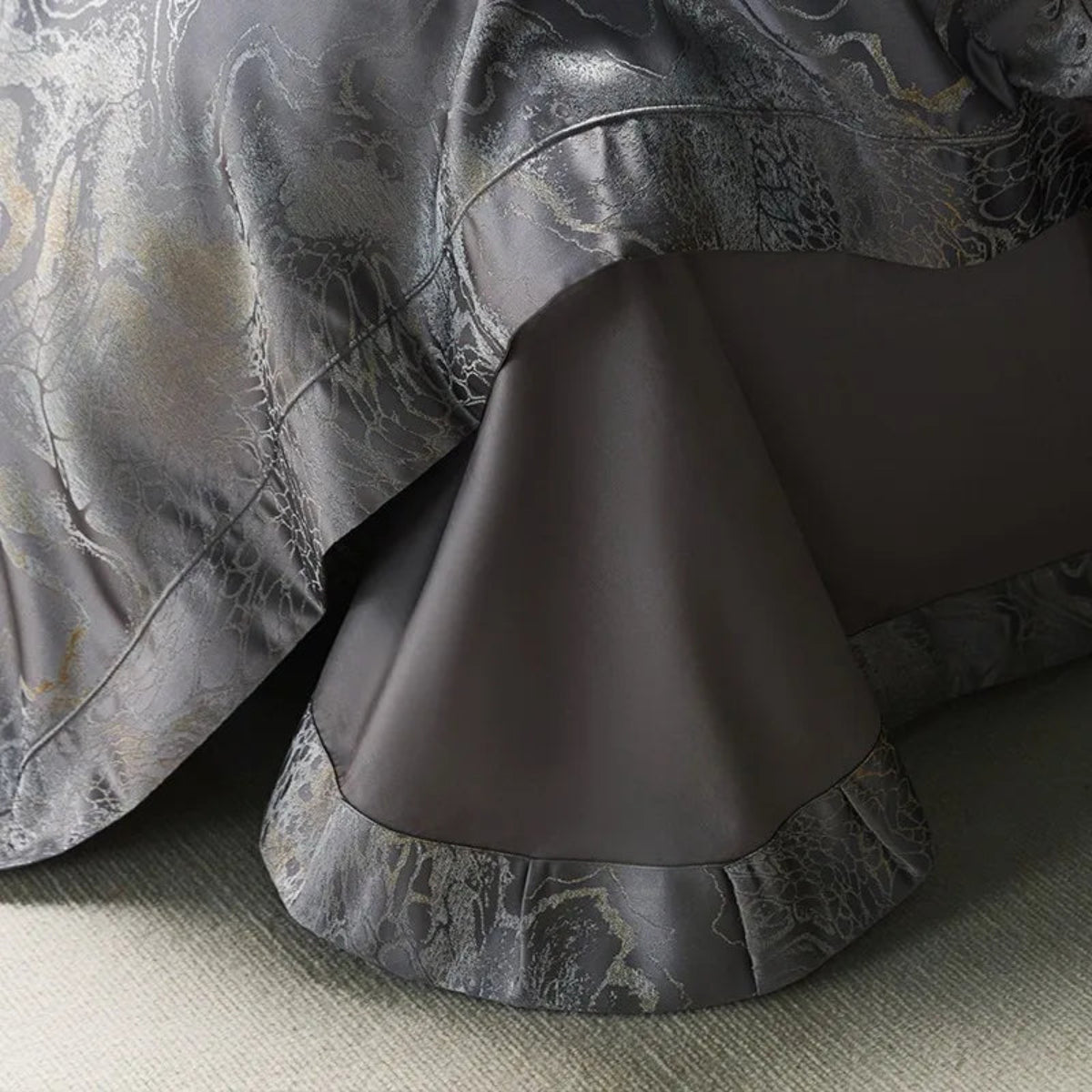 Luxury deep grey duvet cover showcasing traditional Asian dragon motifs in rich charcoal jacquard weave