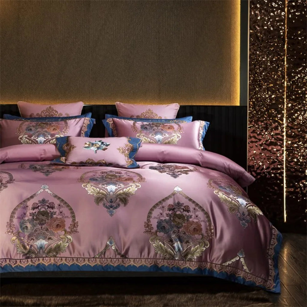 Royal baroque pink medallion satin duvet cover Egyptian cotton quilted bedspread luxury set