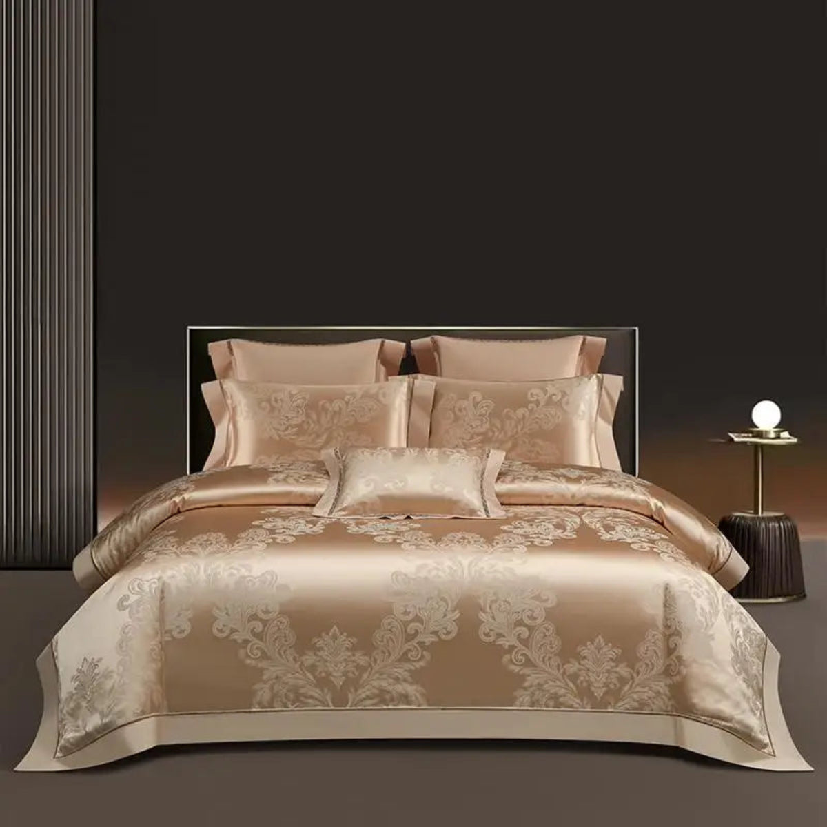 Luxury hotel-quality blush gold bedding set with 1000TC Egyptian cotton satin and romantic damask design - contemporary bedroom