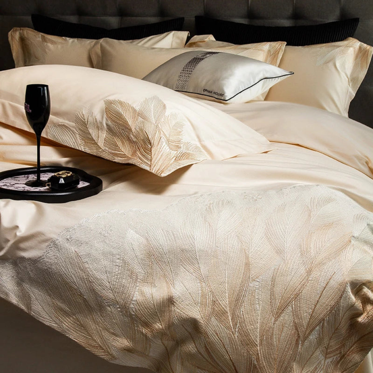 Gold duvet cover set with gold feather embroidery, timeless elegant retreat style bedding for neutral bedroom  – LINKORI Feathergold
