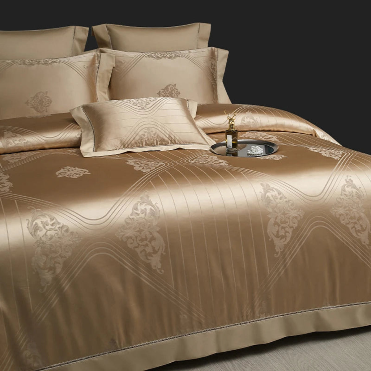 Luxury champagne gold satin bedding showcasing architectural geometric and damask motifs in premium Egyptian cotton fabric.