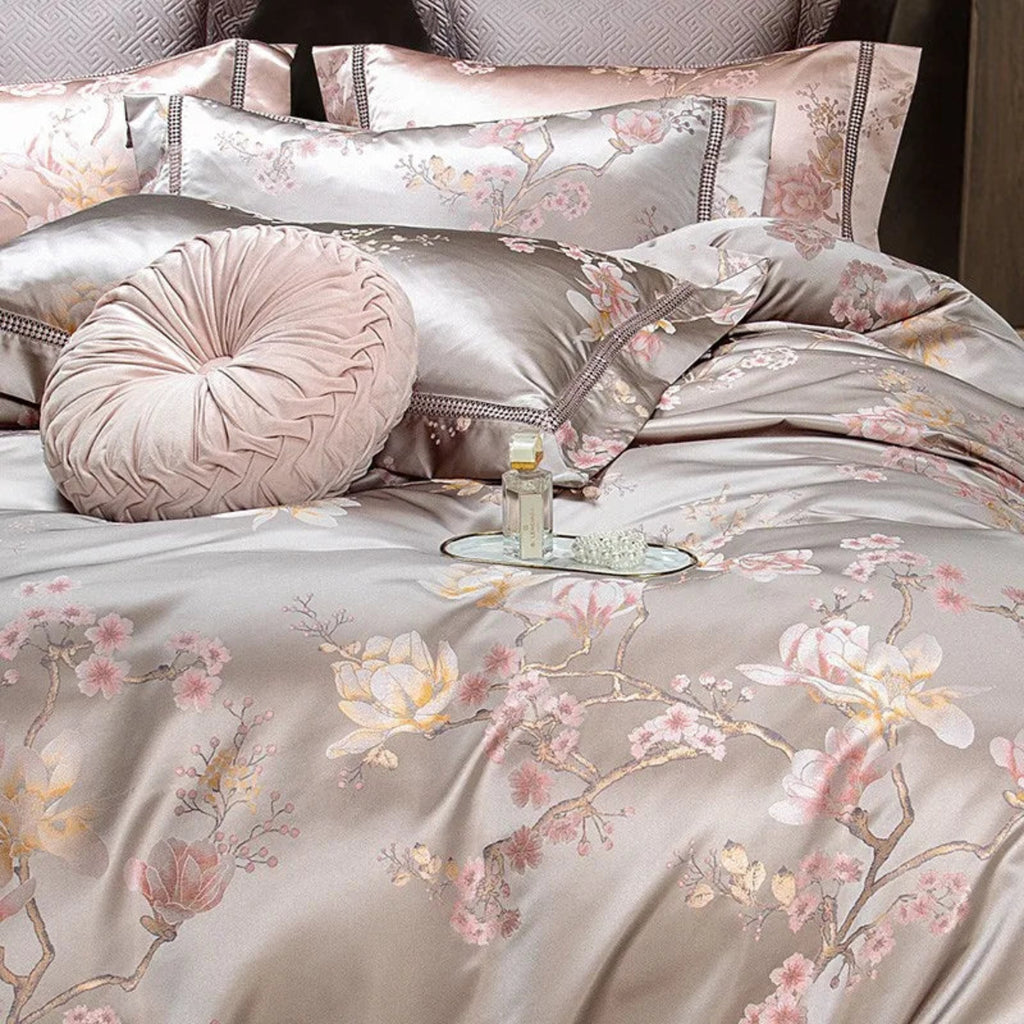 Designer mauve satin bedding set featuring delicate floral jacquard Egyptian cotton luxury