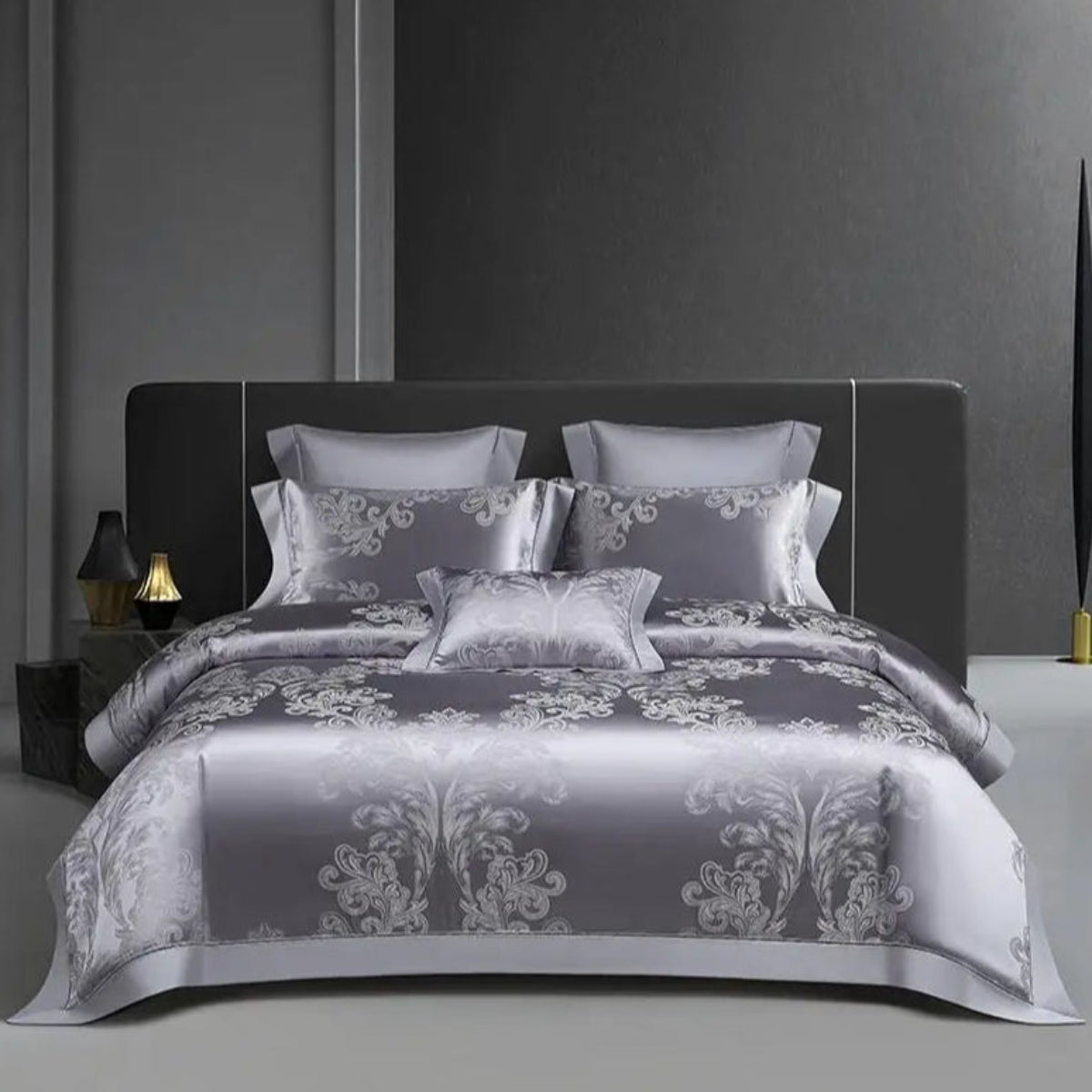 Lavender grey damask duvet cover set with 1000TC Egyptian cotton satin and baroque jacquard patterns