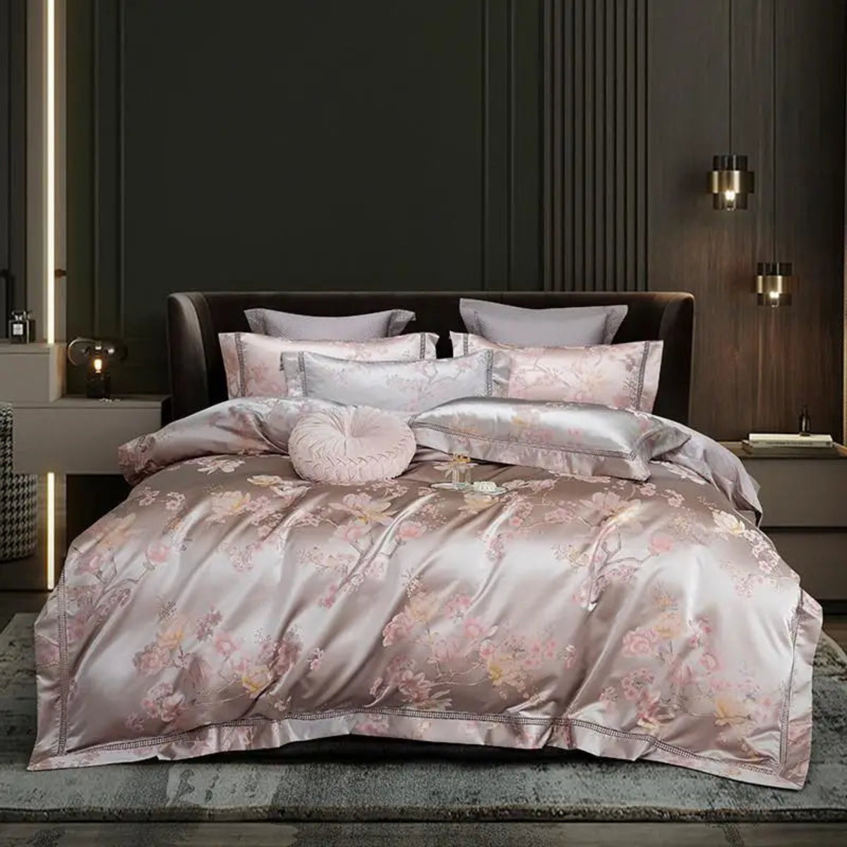 Luxury mauve satin duvet cover set with delicate floral jacquard Egyptian cotton bedding